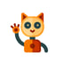A robot that looks like a cat that is ready to help and friendly and waving and is orange and yellow-2