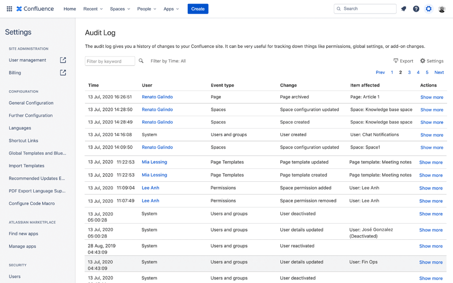 Real-time collaboration and audit logs in Confluence