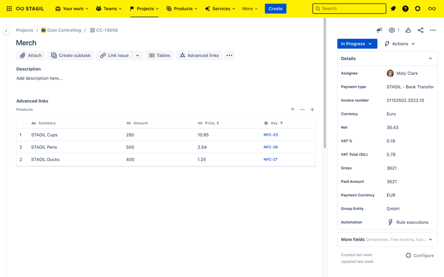 invoices and cost controlling in Jira